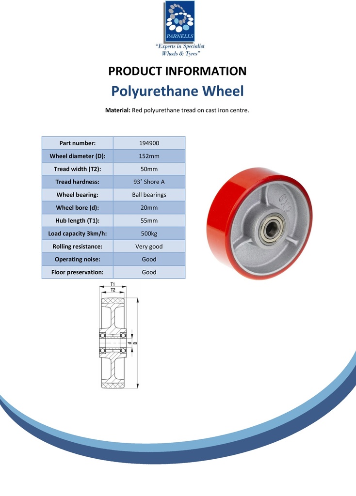 Wheel series 152mm red polyurethane on cast iron centre 20mm bore hub length 55mm ball bearing 500kg - Spec sheet