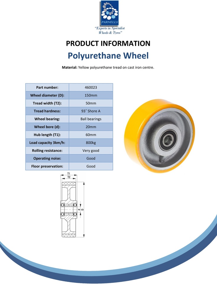 Wheel series 150mm yellow polyurethane on cast iron centre 20mm bore hub length 60mm ball bearing 800kg - Spec sheet