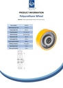Wheel series 150mm yellow polyurethane on cast iron centre 20mm bore hub length 60mm ball bearing 800kg - Spec sheet