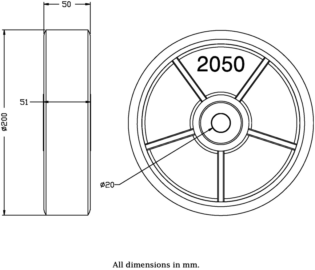 Wheel series 200mm red polyurethane on cast iron centre 20mm bore hub length 51mm ball bearing 750kg - Wheel drawing