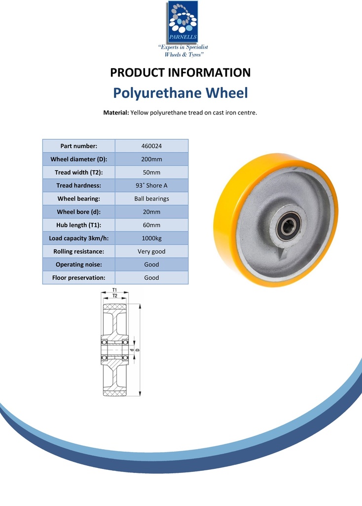 Wheel series 200mm yellow polyurethane on cast iron centre 20mm bore hub length 60mm ball bearing 1000kg - Spec sheet