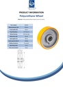 Wheel series 200mm yellow polyurethane on cast iron centre 20mm bore hub length 60mm ball bearing 1000kg - Spec sheet