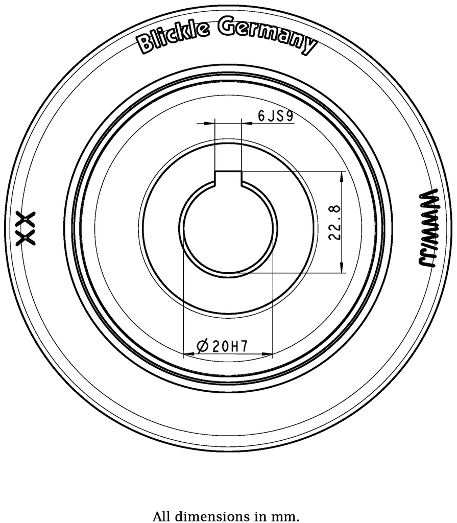 Wheel series 100mm polyurethane on cast iron centre bore 20mm H7 hub length 40mm plain bearing with keyway 6x2.8mm 350kg - keyway drawing