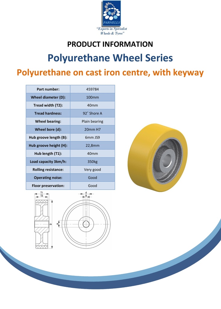 Wheel series 100mm polyurethane on cast iron centre bore 20mm H7 hub length 40mm plain bearing with keyway 6x2.8mm 350kg - Spec sheet