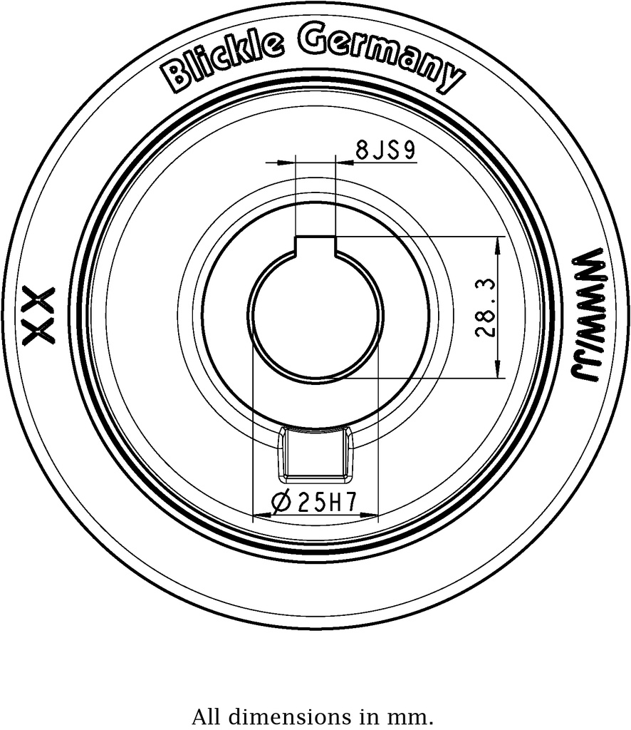 Wheel series 125mm polyurethane on cast iron centre bore 25mm H7 hub length 60mm plain bearing with keyway 8x3.3mm 550kg - Keyway drawing