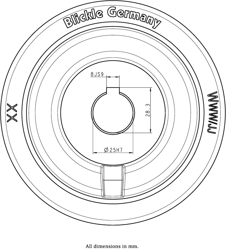 Wheel series 140mm polyurethane on cast iron centre bore 25mm H7 hub length 60mm plain bearing with keyway 8x3.3mm 600kg - Keyway drawing