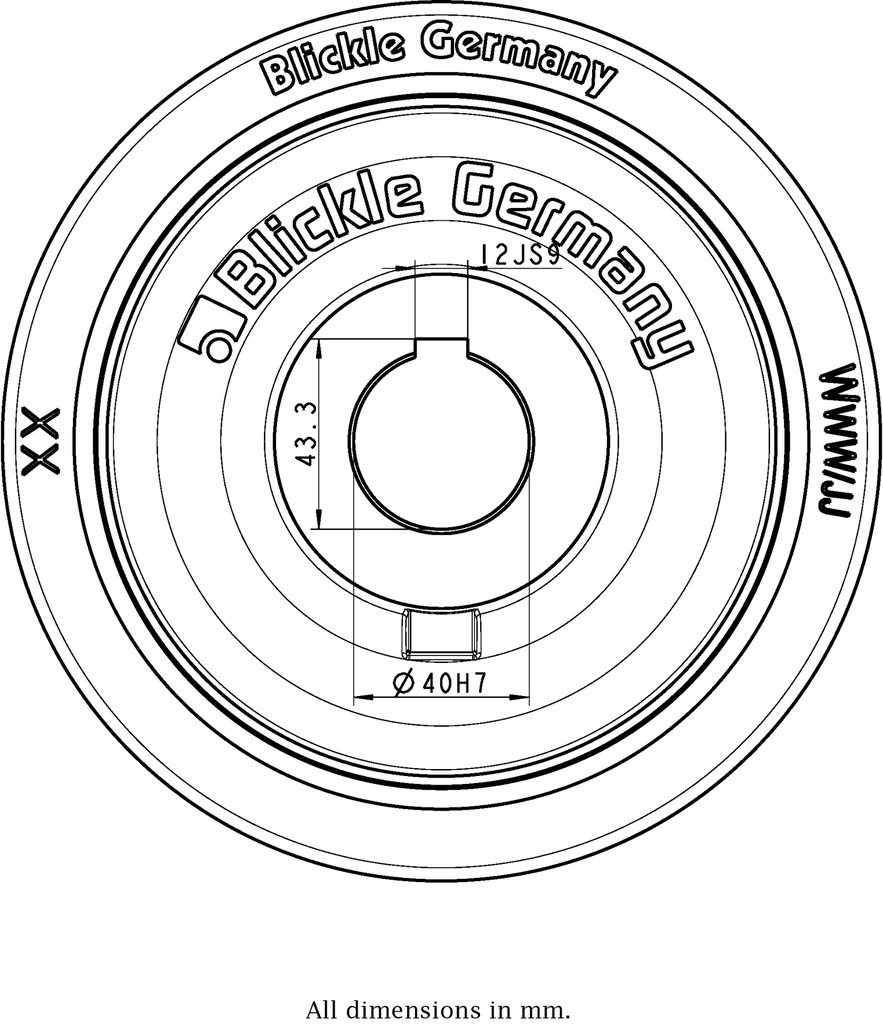Wheel series 200mm polyurethane on cast iron centre bore 40mm H7 hub length 80mm plain bearing with keyway 12x3.3mm 1400kg - Keyway drawing