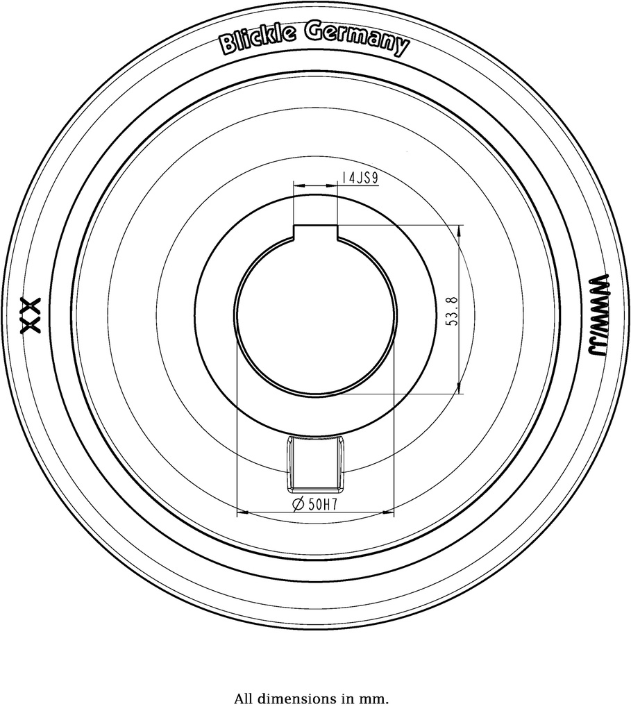 Wheel series 200mm polyurethane on cast iron centre bore 50mm H7 hub length 80mm plain bearing with keyway 14x3.8mm 1400kg - Keyway