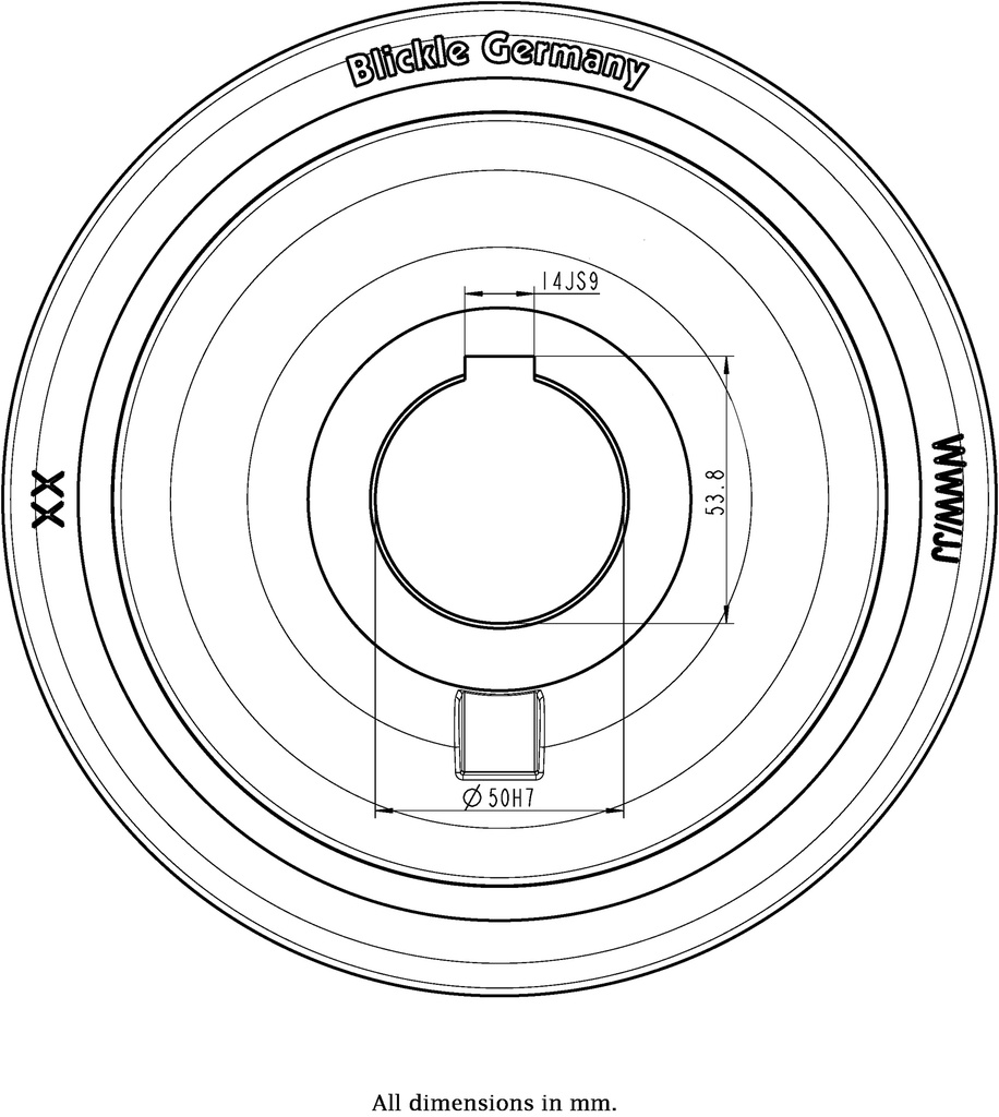 Wheel series 250mm polyurethane on cast iron centre bore 50mm H7 hub length 80mm plain bearing with keyway 14x3.8mm 1600kg - Keyway drawing