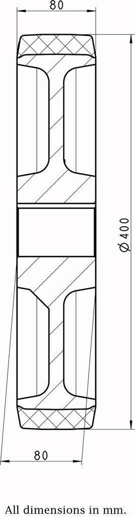 Wheel series 400mm polyurethane on cast iron centre bore 50mm H7 hub length 80mm plain bearing with keyway 14x3.8mm 2800kg - Wheel drawing