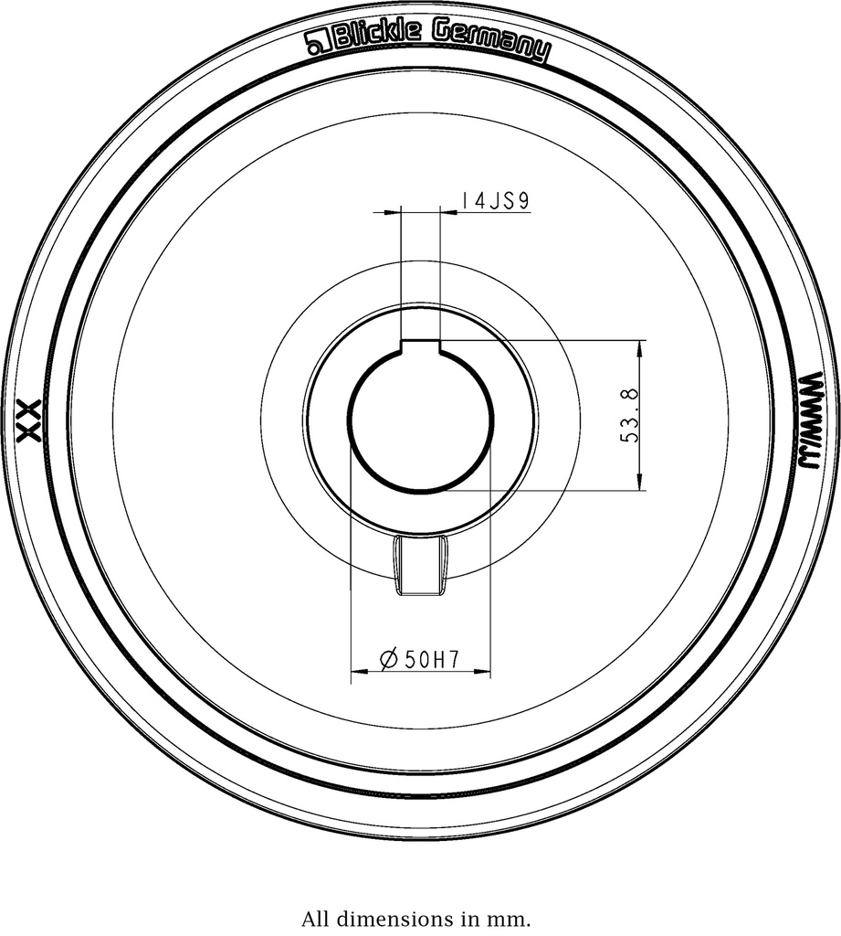 Wheel series 400mm polyurethane on cast iron centre bore 50mm H7 hub length 80mm plain bearing with keyway 14x3.8mm 2800kg - Keyway drawing