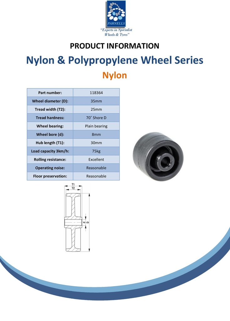 Wheel series 35mm nylon 8mm bore hub length 30mm plain bearing 75kg - Spec sheet