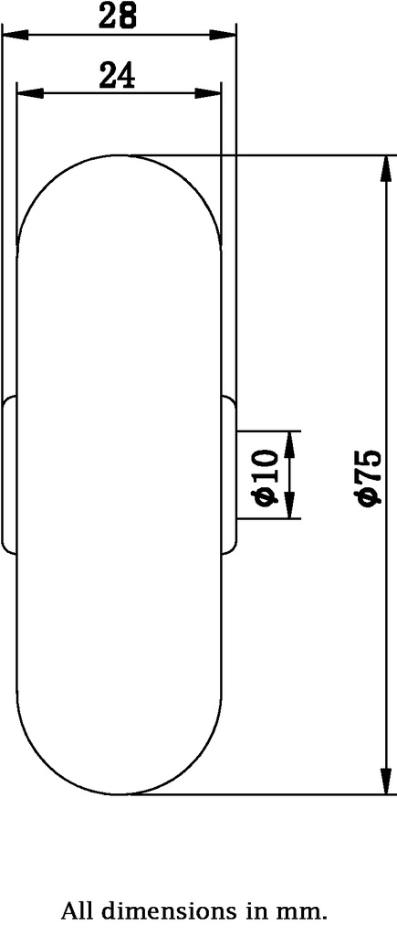 Wheel series 75mm nylon on polypropylene centre 10mm bore hub length 27,5mm plain bearing 70kg - Wheel dimensions
