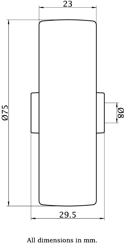 Wheel series 75mm nylon 8mm bore hub length 29.5mm plain bearing 100kg - Wheel dimensions