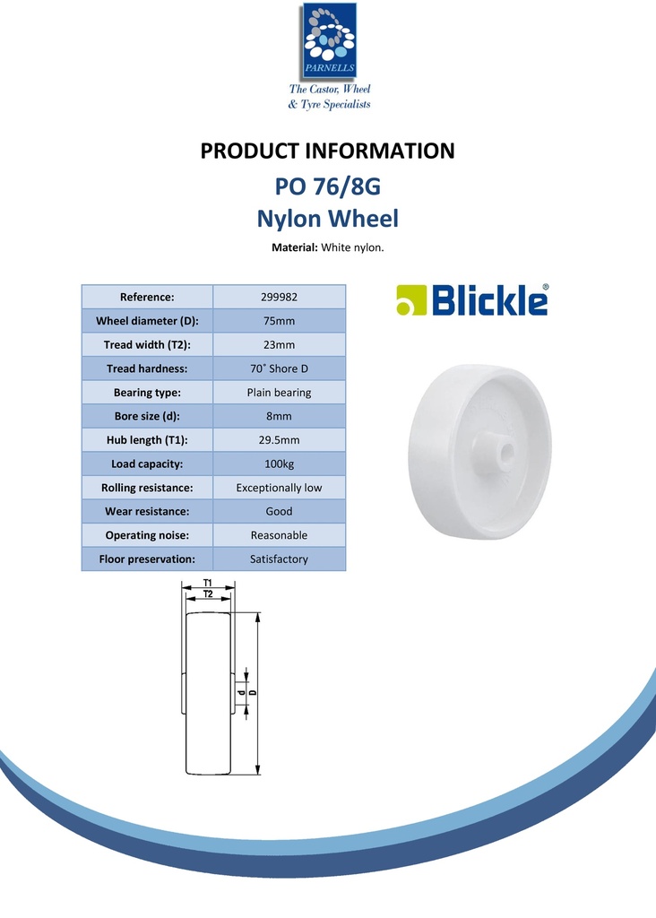 Wheel series 75mm nylon 8mm bore hub length 29.5mm plain bearing 100kg - Spec sheet
