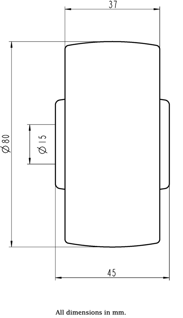 Wheel series 80mm nylon 15mm bore hub length 45mm plain bearing 350kg - Wheel dimensions