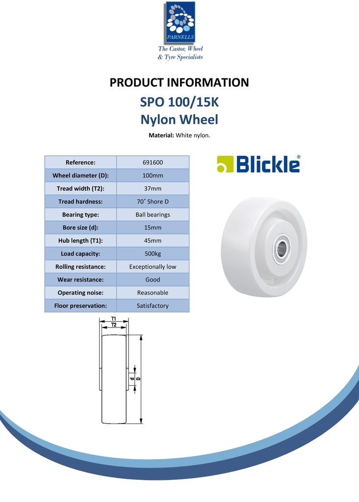 Wheel series 100mm heavy nylon 15mm ball bearing 45mm hub length 500kg - Spec sheet
