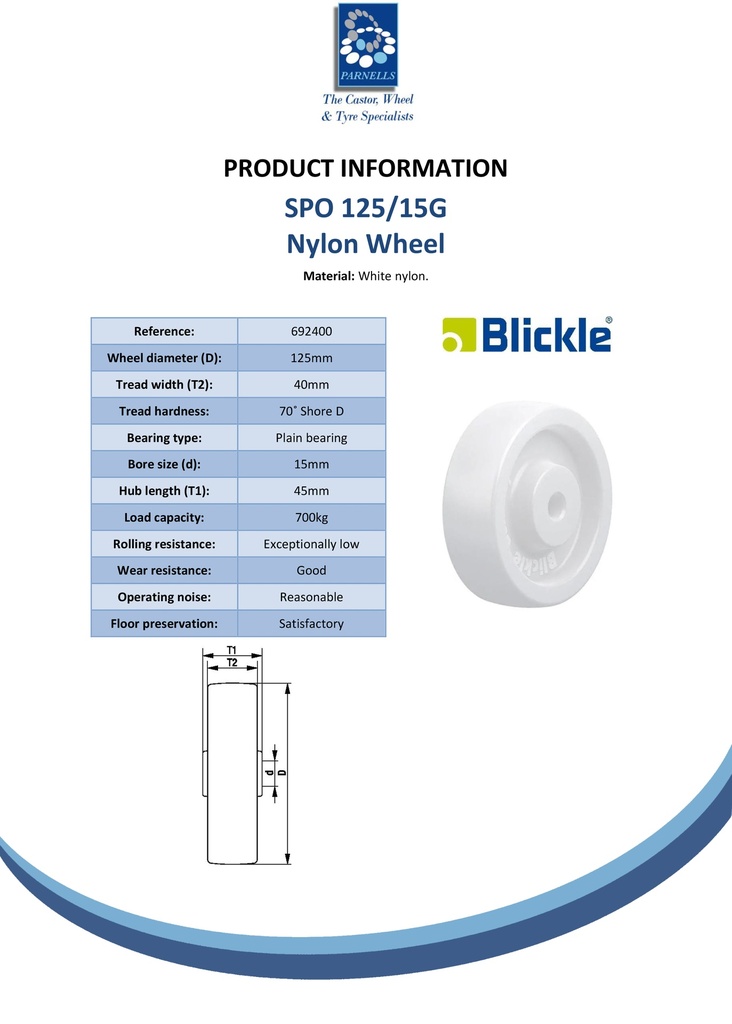 Wheel series 125mm nylon 15mm bore hub length 45mm plain bearing 700kg - Spec sheet
