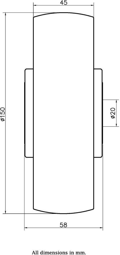 Wheel series 150mm nylon 20mm bore hub length 58mm ball bearing 750kg - Wheel dimensions