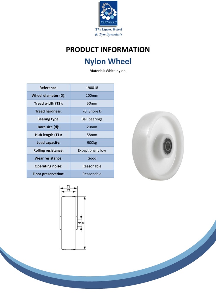 Wheel series 200mm nylon 20mm bore hub length 58mm ball bearing 900kg - Spec sheet