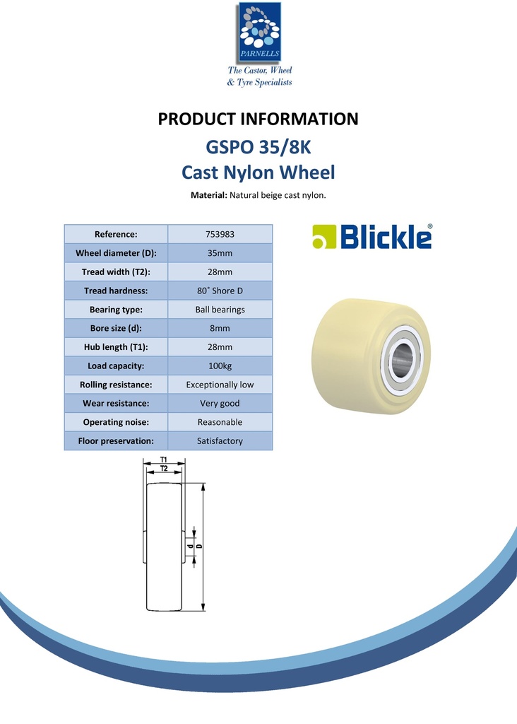 Wheel series 35mm cast nylon 8mm bore hub length 28mm ball bearing 100kg - Spec sheet