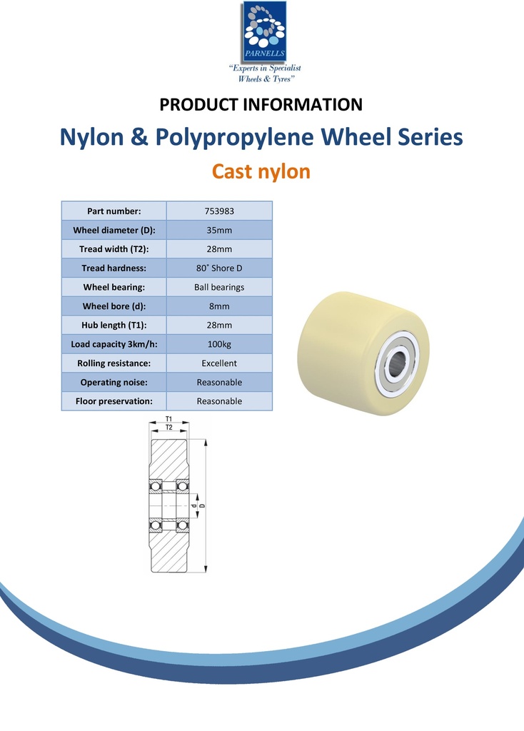 Wheel series 35mm cast nylon 8mm bore hub length 28mm ball bearing 100kg - Spec sheet