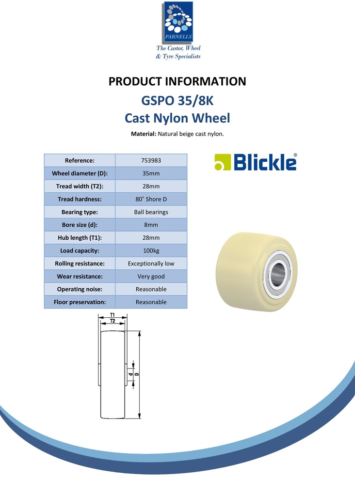 Wheel series 35mm cast nylon 8mm bore hub length 28mm ball bearing 100kg - Spec sheet