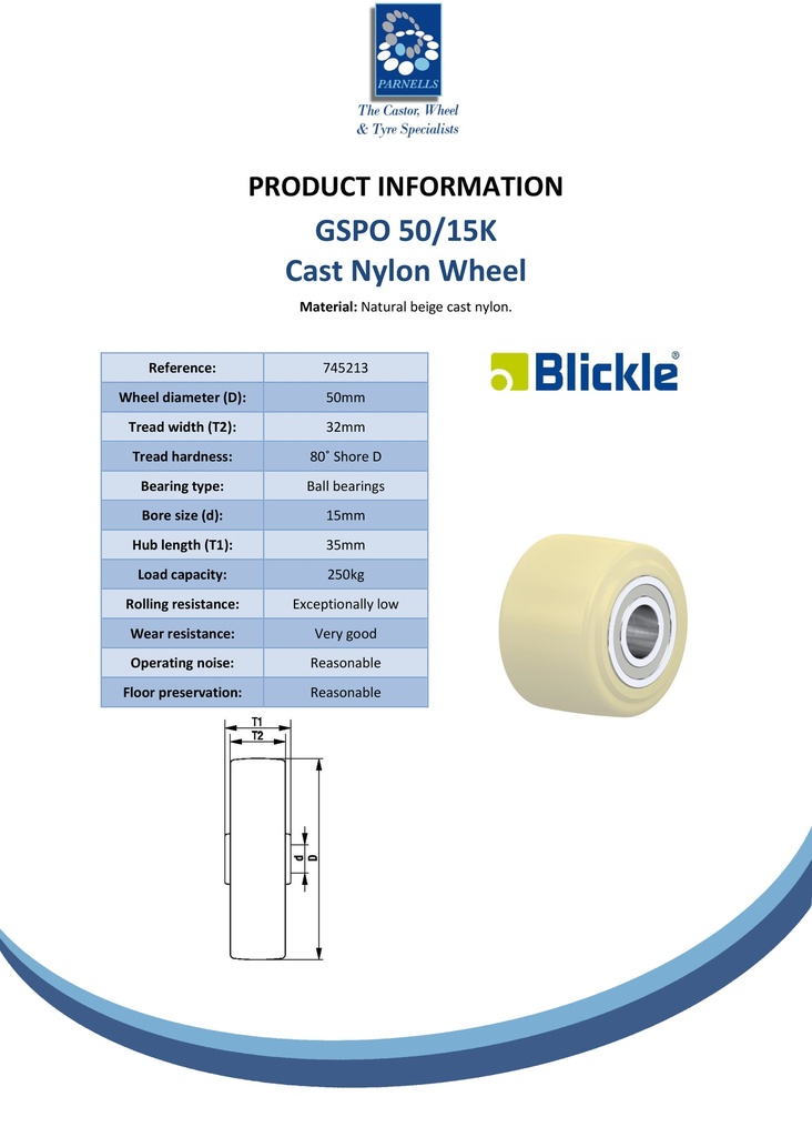 Wheel series 50mm cast nylon 15mm bore hub length 35mm ball bearing 250kg - Spec sheet