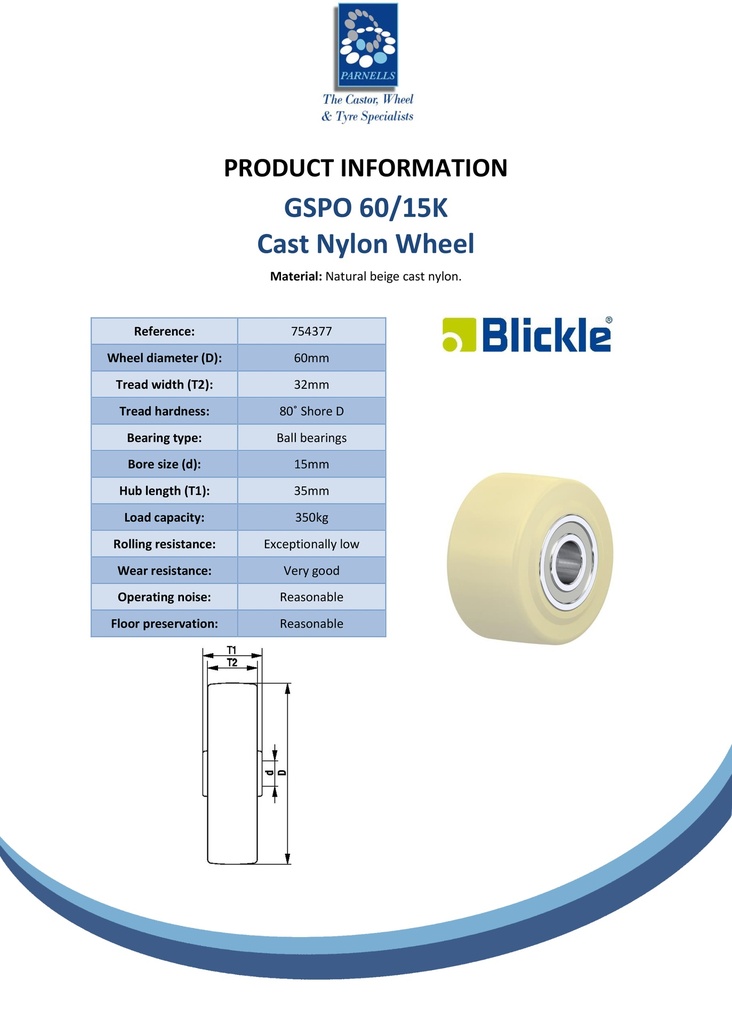 Wheel series 60mm cast nylon 15mm bore hub length 35mm ball bearing 350kg - Spec sheet