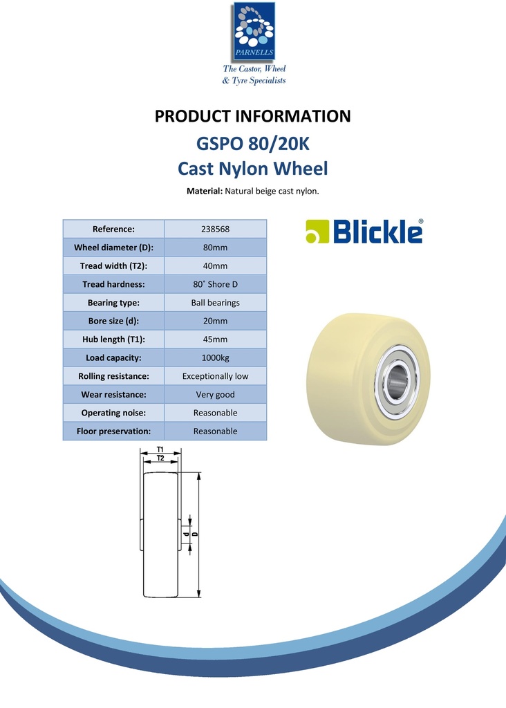 Wheel series 80mm cast nylon 20mm bore hub length 45mm ball bearing 1000kg - Spec sheet