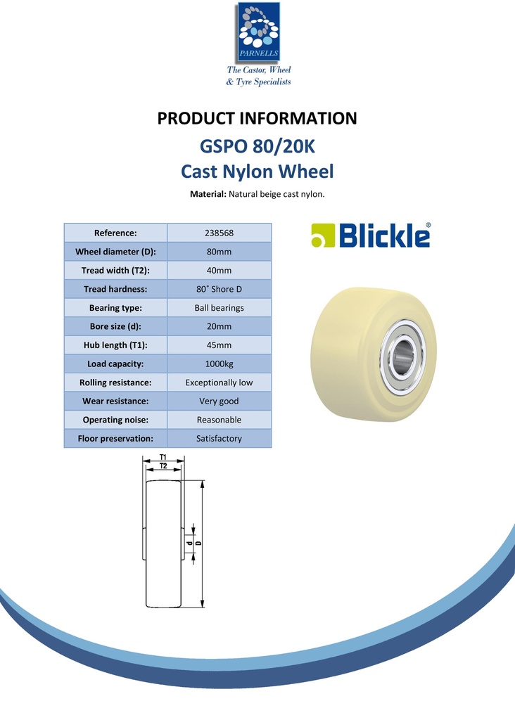 Wheel series 80mm cast nylon 20mm bore hub length 45mm ball bearing 1000kg - Spec sheet