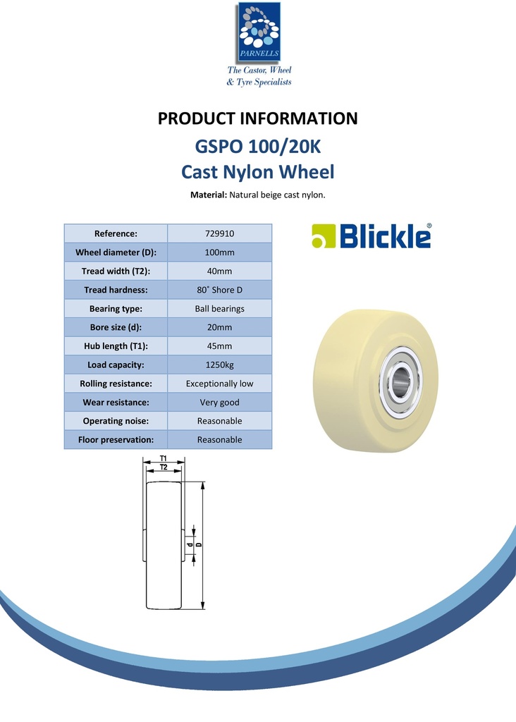 Wheel series 100mm cast nylon 20mm bore hub length 45mm ball bearing 1250kg - Spec sheet
