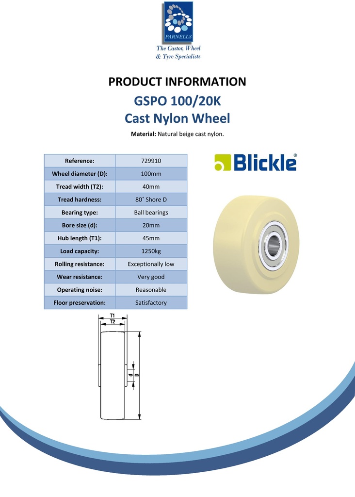 Wheel series 100mm cast nylon 20mm bore hub length 45mm ball bearing 1250kg - Spec sheet