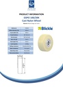 Wheel series 100mm cast nylon 20mm bore hub length 45mm ball bearing 1250kg - Spec sheet