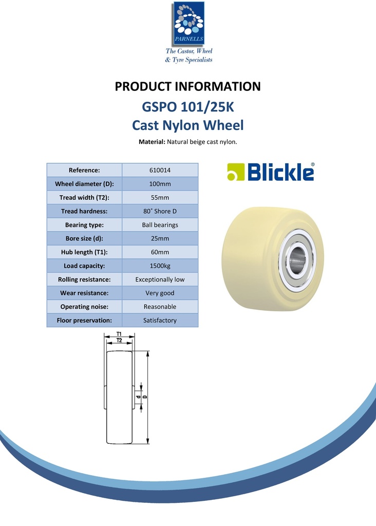 Wheel series 100mm cast nylon 25mm bore hub length 60mm ball bearing 1500kg - Spec sheet