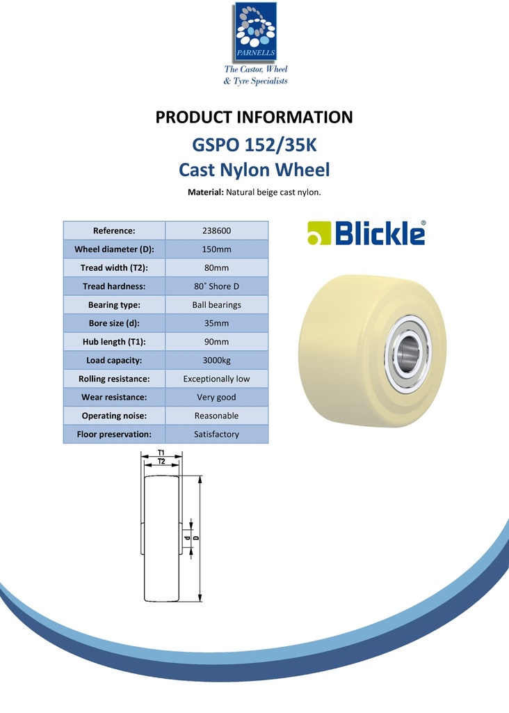Wheel series 150mm cast nylon 35mm bore hub length 90mm ball bearing 3000kg - Spec sheet