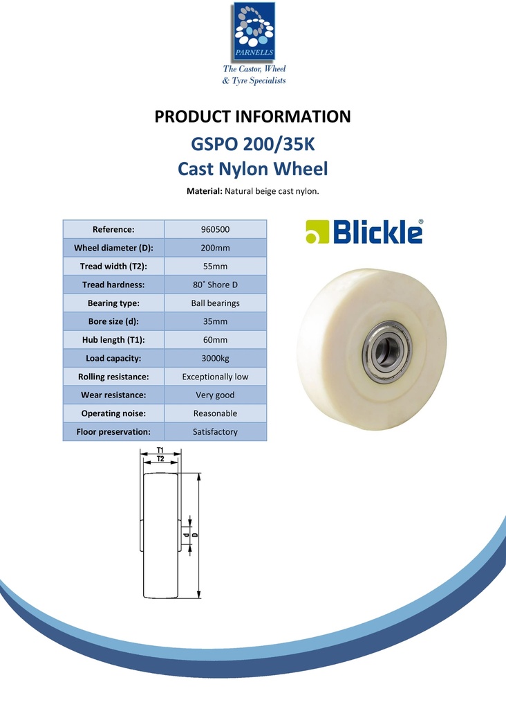 Wheel series 200mm cast nylon 35mm bore hub length 60mm ball bearing 3000kg - Spec sheet