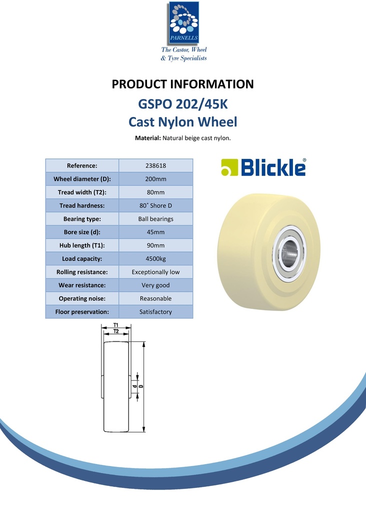 Wheel series 200mm cast nylon 45mm bore hub length 90mm ball bearing 4500kg - Spec sheet