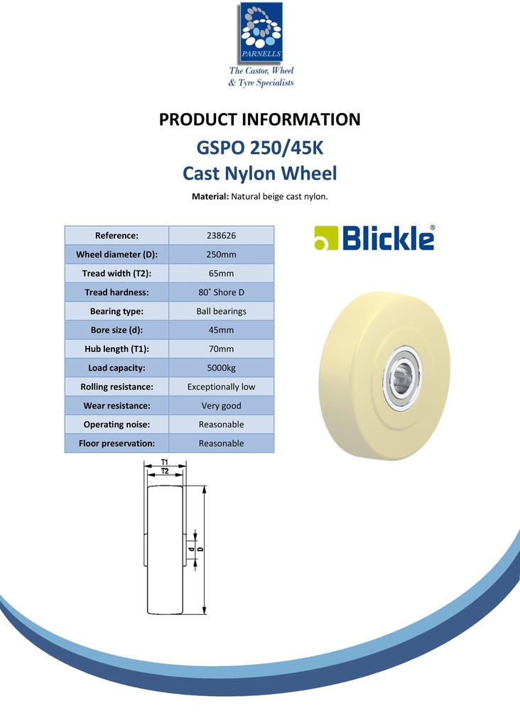 Wheel series 250mm cast nylon 45mm bore hub length 70mm ball bearing 5000kg - Spec sheet