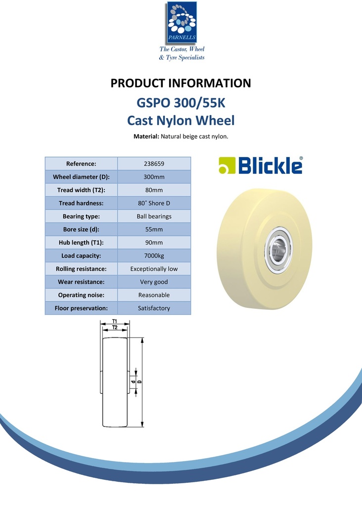 Wheel series 300mm cast nylon 55mm bore hub length 90mm ball bearing 7000kg - Spec sheet