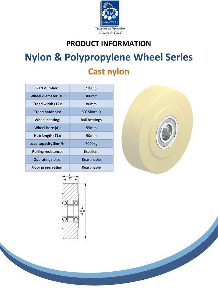 Wheel series 300mm cast nylon 55mm bore hub length 90mm ball bearing 7000kg - Spec sheet