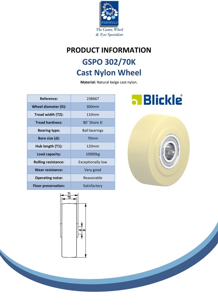 Wheel series 300mm cast nylon 70mm bore hub length 120mm ball bearing 10000kg - Spec sheet