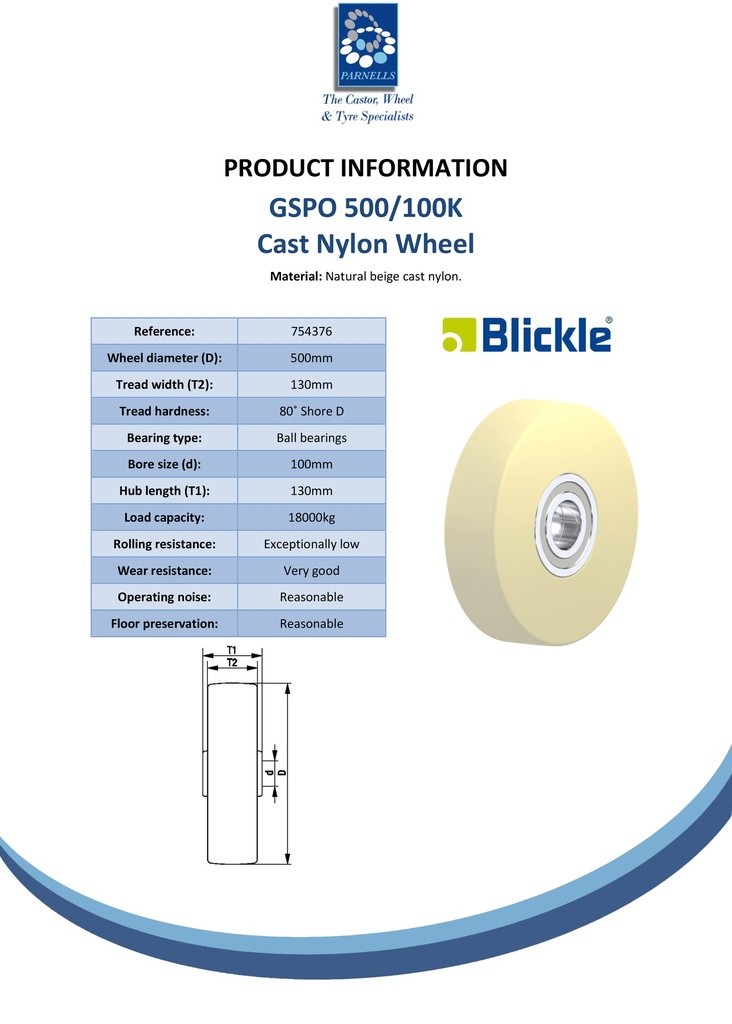 Wheel series 500mm cast nylon 100mm bore hub length 130mm ball bearing 15000kg - Spec sheet
