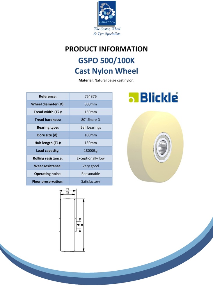 Wheel series 500mm cast nylon 100mm bore hub length 130mm ball bearing 15000kg - Spec sheet
