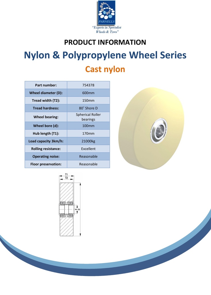 Wheel series 600mm cast nylon 100mm bore hub length 170mm spherical roller bearing 21000kg - Spec sheet