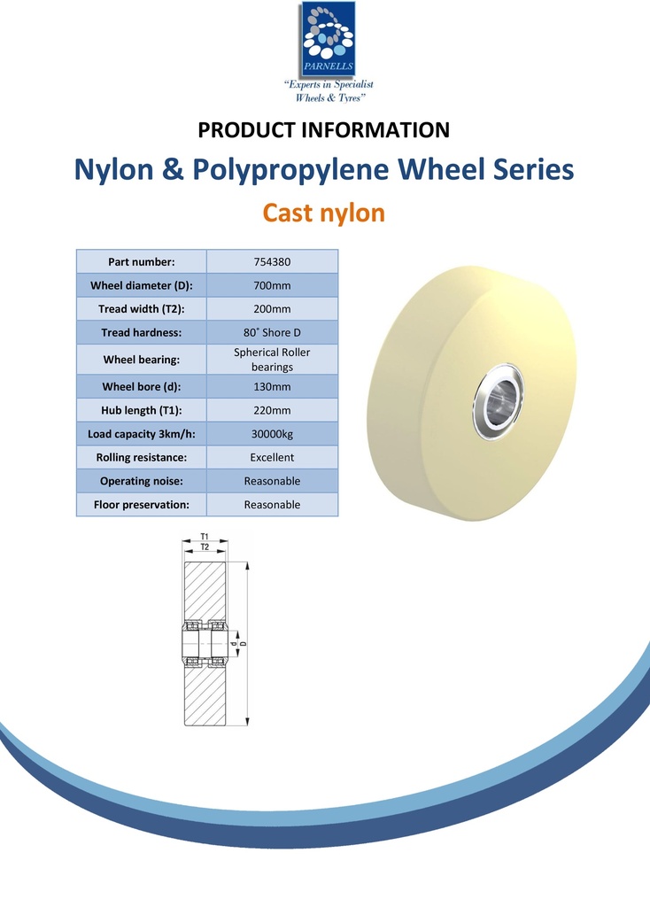 Wheel series 700mm cast nylon 130mm bore hub length 220mm spherical roller bearing 30000kg - Spec sheet
