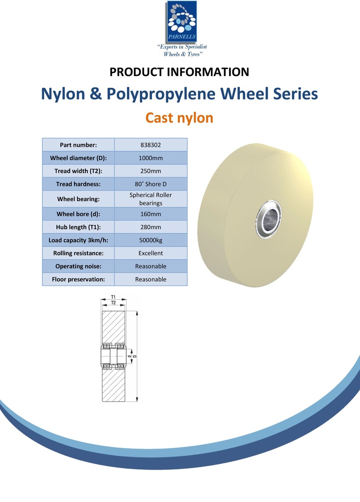 Wheel series 1000mm cast nylon 160mm bore hub length 280mm spherical roller bearing 50000kg - Spec sheet