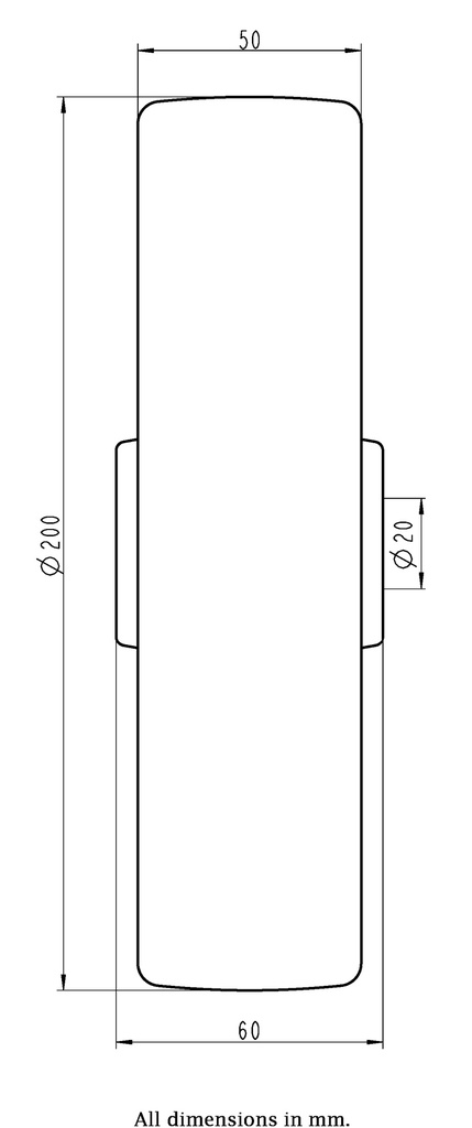 Wheel series 200mm heat resistant thermoplastic 20mm bore hub length 60mm plain bearing 360kg - Wheel dimensions