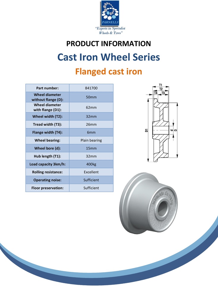Wheel series 50mm flanged cast iron 15mm bore hub length 32mm plain bearing 400kg - Spec sheet