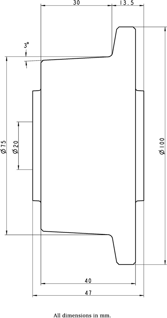 Wheel series 75mm flanged cast iron 20mm bore hub length 47mm plain bearing 700kg - Wheel dimensions